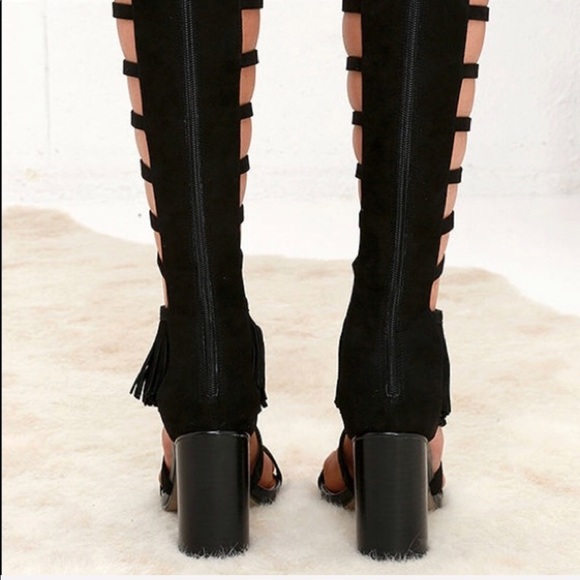 Black Boho Fringe Knee High Gladiator Sandal - Picture 3 of 3